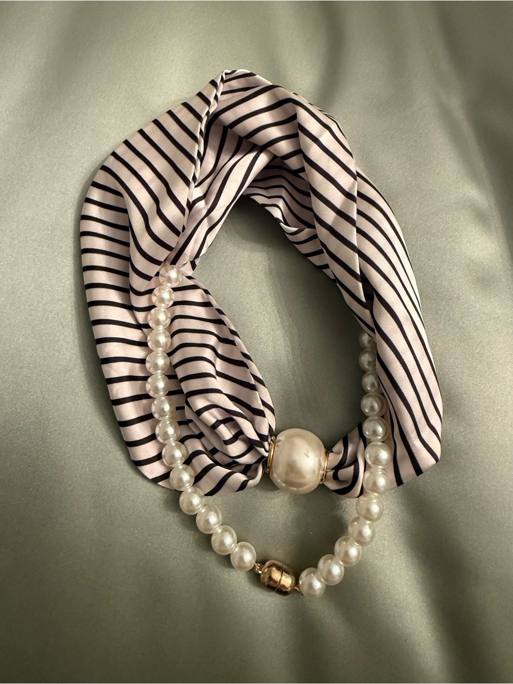 Neiman Marcus Pink-and-Black Striped Pearl-Accent Scarf Necklace